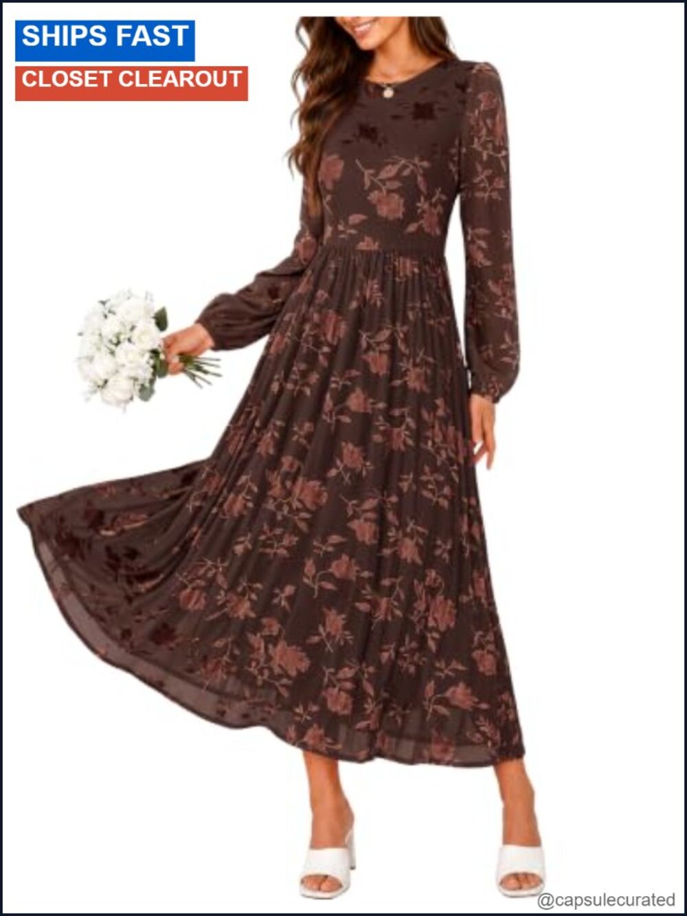 Floral Long Sleeve Midi Dress for Wedding Guest